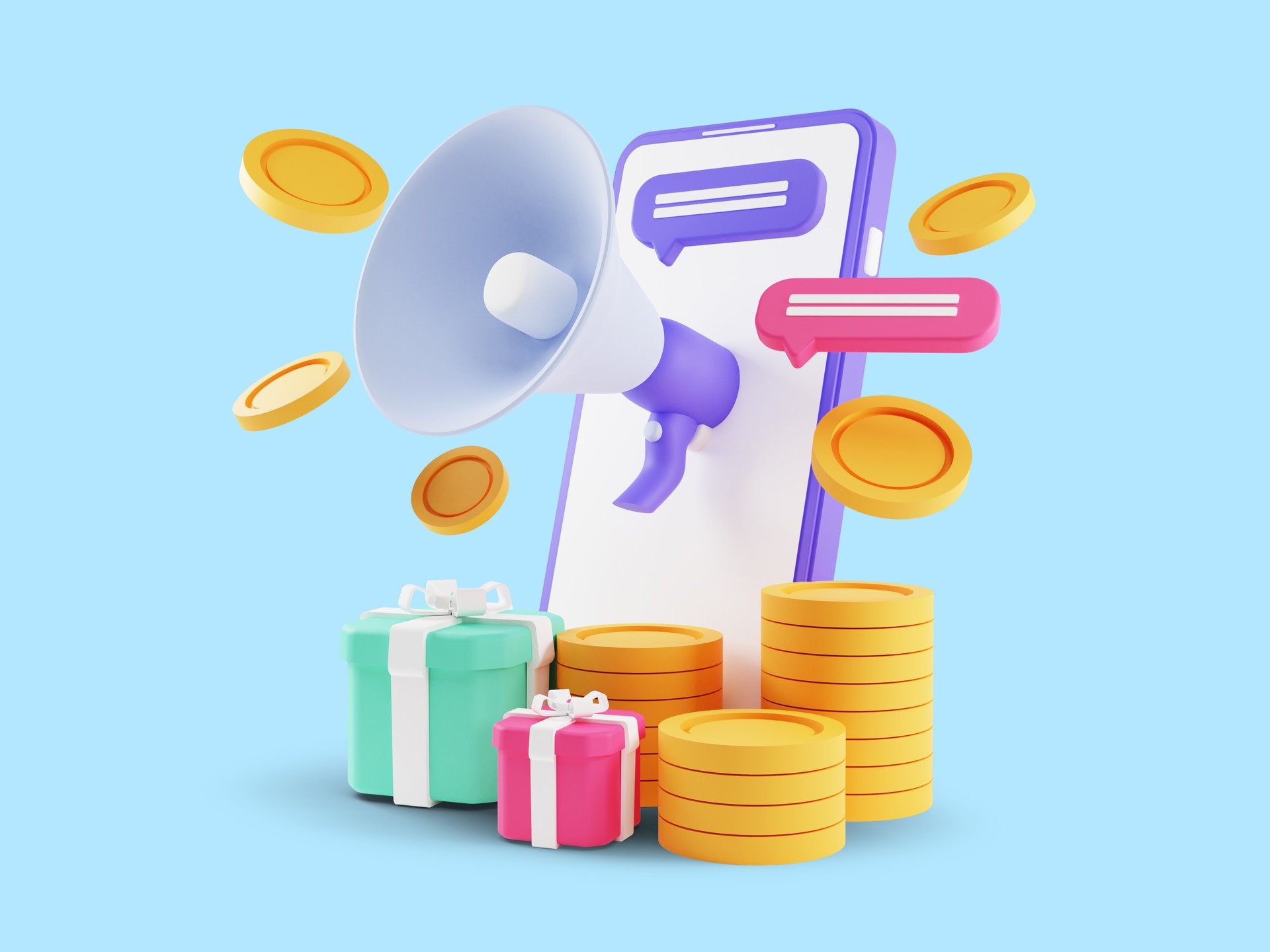 3d render of Refer A Friend Concept, People share info about referral and earn money. Isolated on blue background